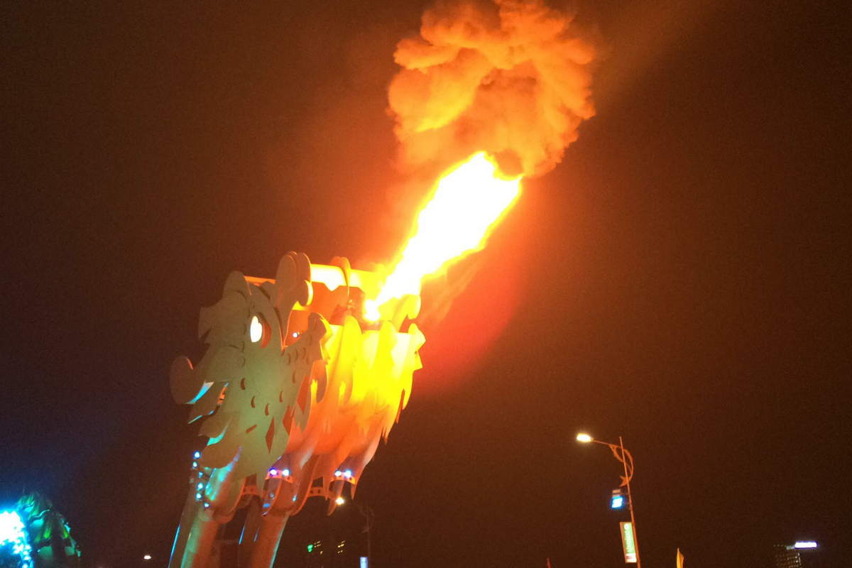 Dragon Bridge breathing fire during its night show